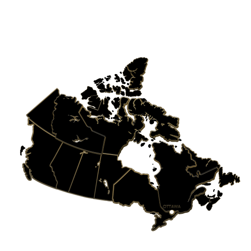 Image of the map of Canada in black and white with gold outline.